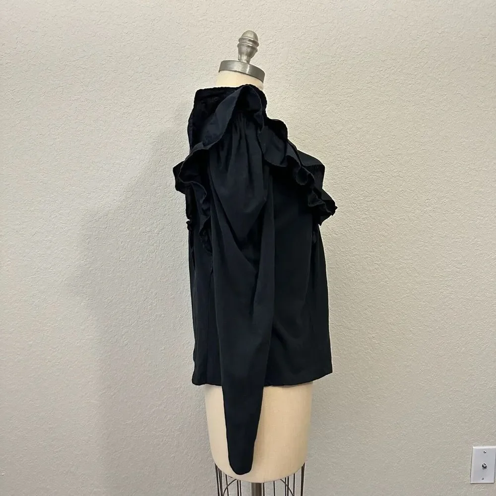ANTHROPOLOGIE Long Sleeve Black Ruffled V-Neck Top - Picture 6 of 11